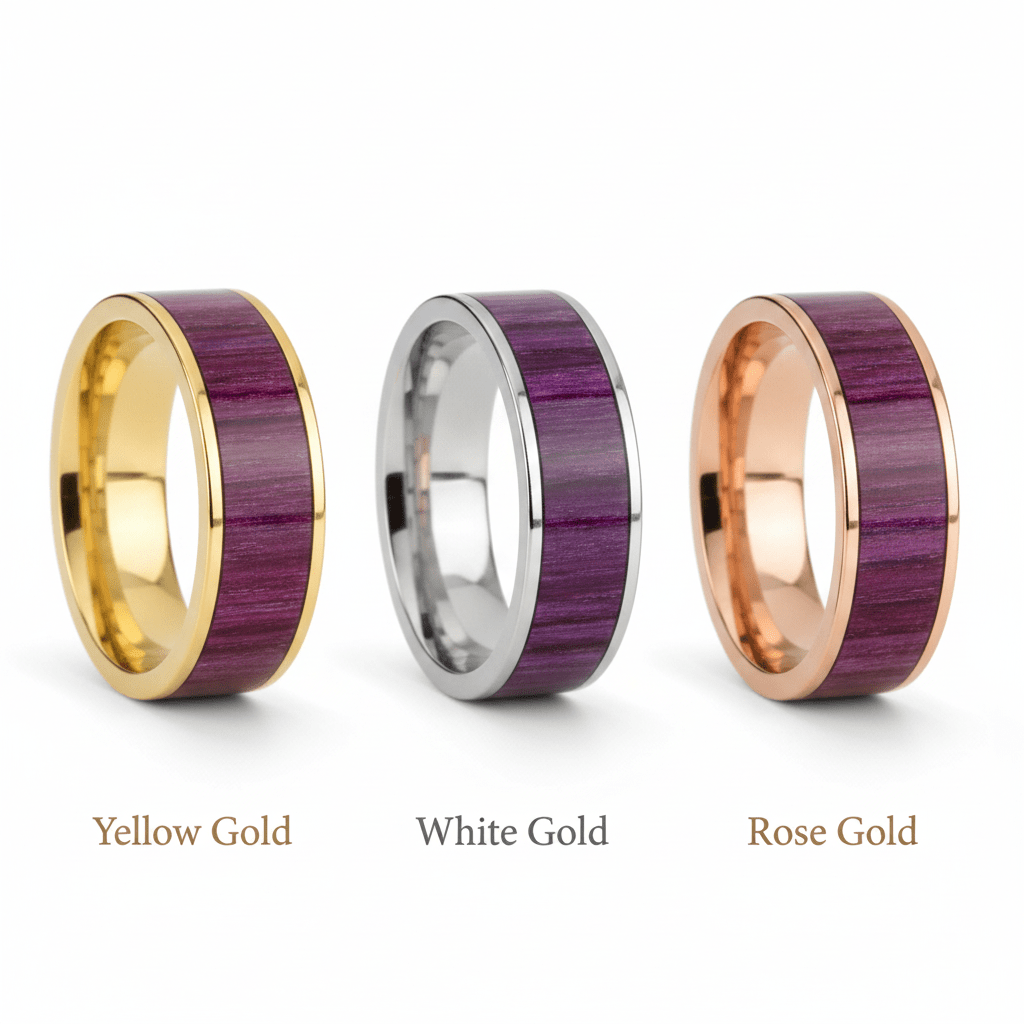 Purpleheart Wood inlay 14k yellow gold wedding band 8mm, top view