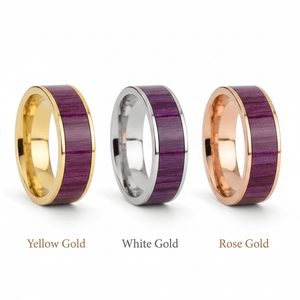 Purpleheart Wood inlay 14k yellow gold wedding band 8mm, top view