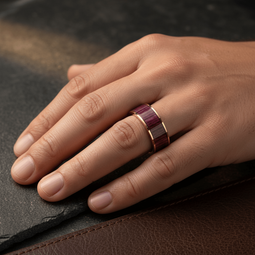 Purpleheart Wood inlay 14k yellow gold wedding band 8mm, close-up of inlay