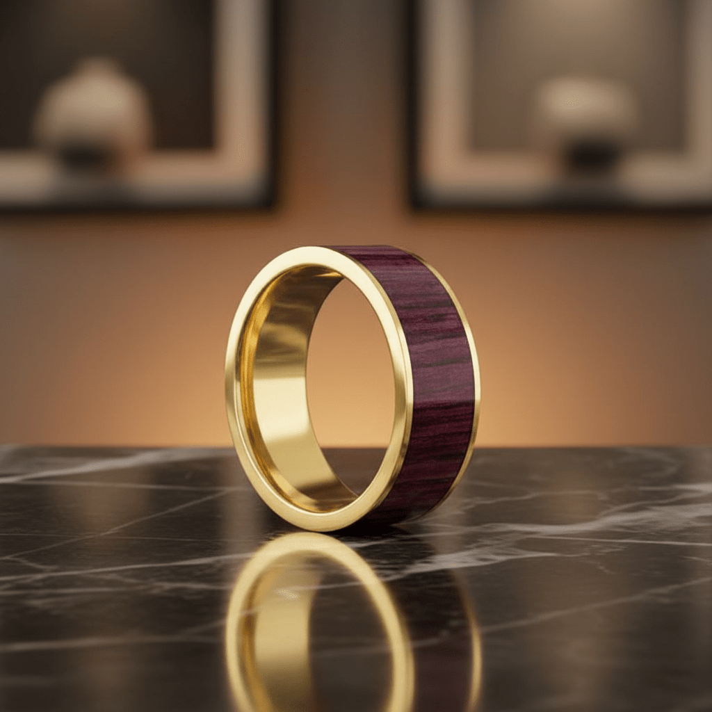 Purpleheart Wood inlay 14k yellow gold wedding band 8mm, additional view 9
