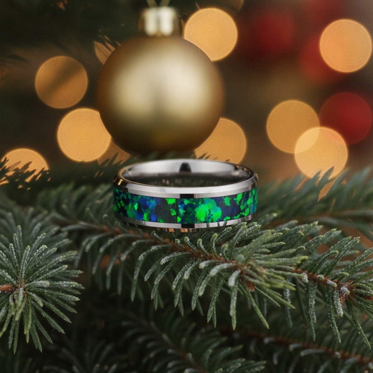 Aydins PHOTON | Tungsten Carbide Ring, Emerald Green and Sapphire Blue Opal Inlay lifestyle scene, christmas evergreen