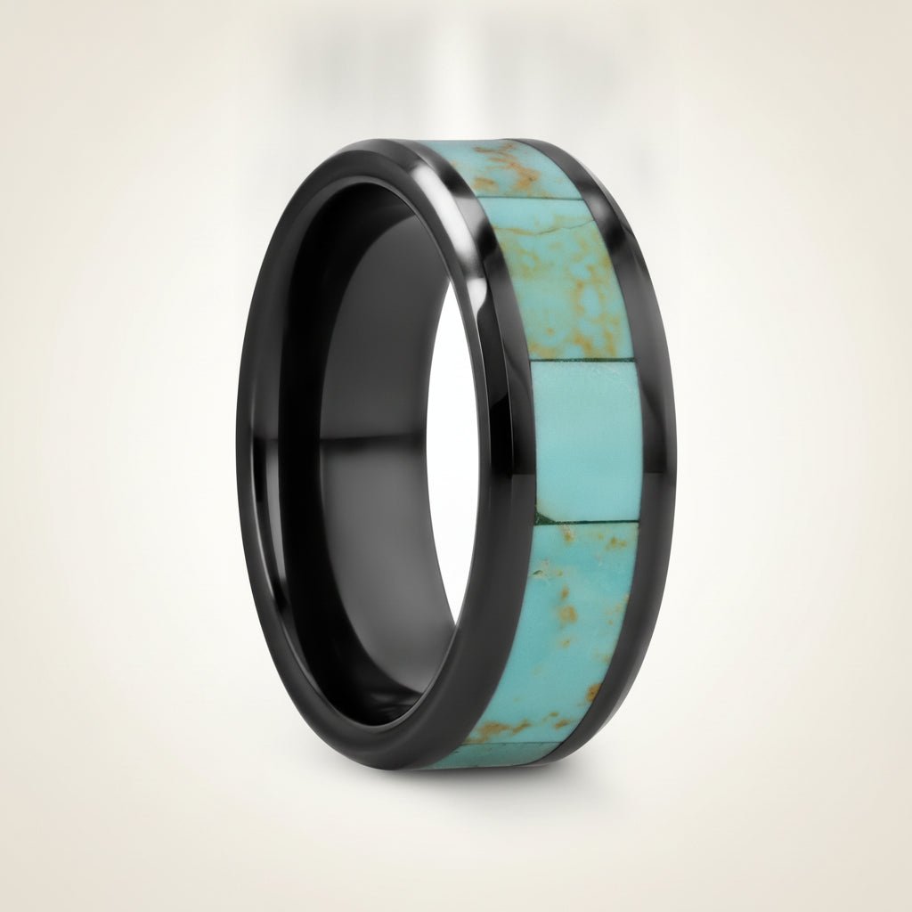 PIETRO polished black ceramic wedding band with light blue turquoise stone inlay running around the band and polished beveled edges, studio hero shot