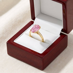 Pink Oval lab-grown diamond solitaire engagement ring, Yellow Gold, in cherry-wood ring box