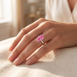 Pink Oval lab-grown diamond solitaire engagement ring, White Gold, lifestyle photograph