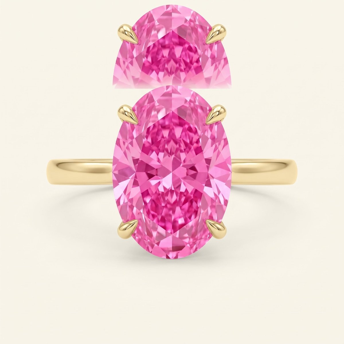 Pink Oval lab-grown diamond solitaire engagement ring, Yellow Gold, face-on detail macro