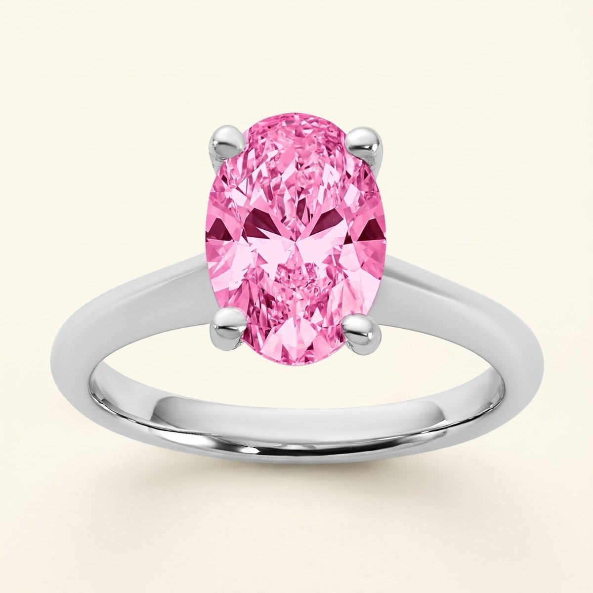 Pink Oval lab-grown diamond solitaire engagement ring, 925 Sterling Silver, face-on detail macro