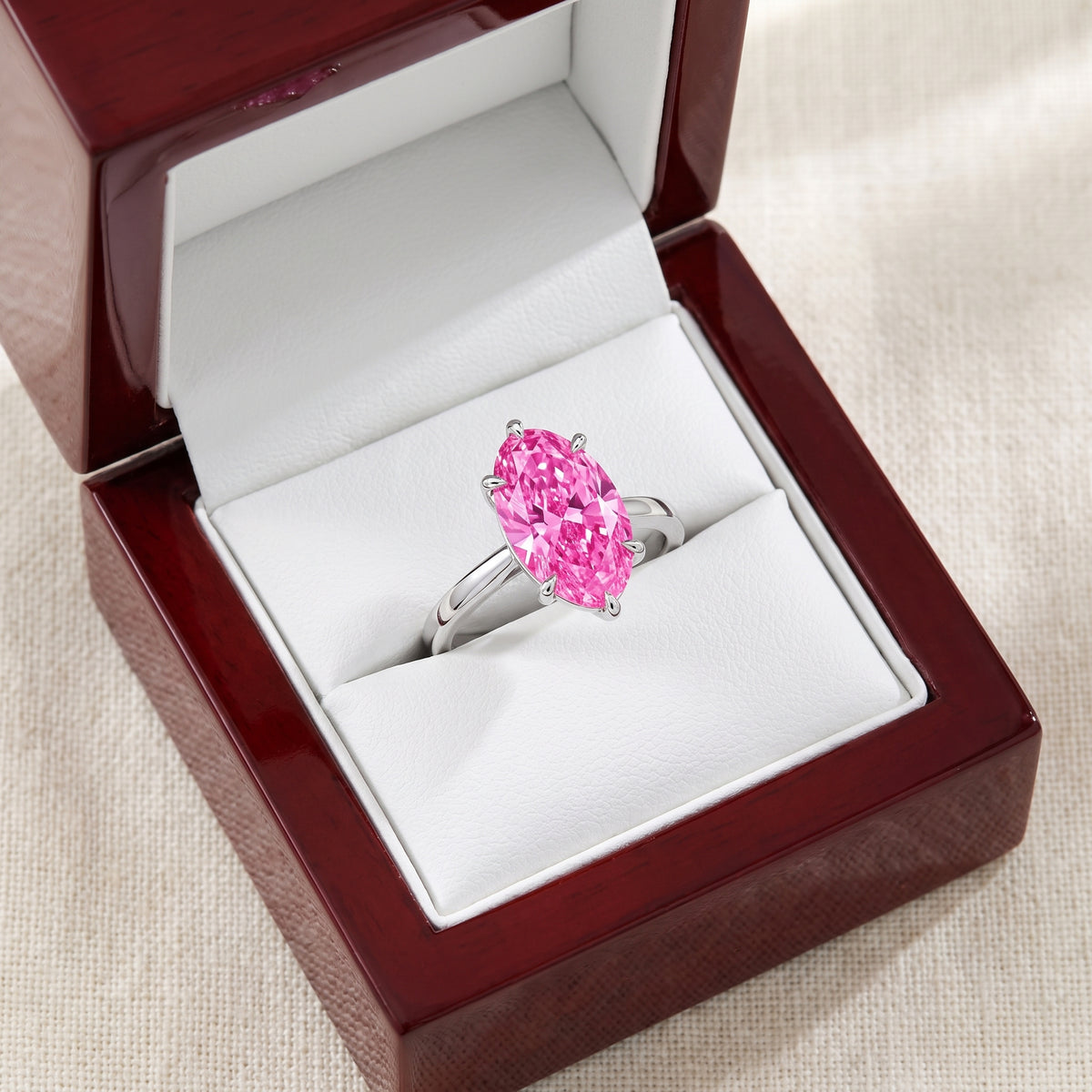 Pink Oval lab-grown diamond solitaire engagement ring, 925 Sterling Silver, in cherry-wood ring box