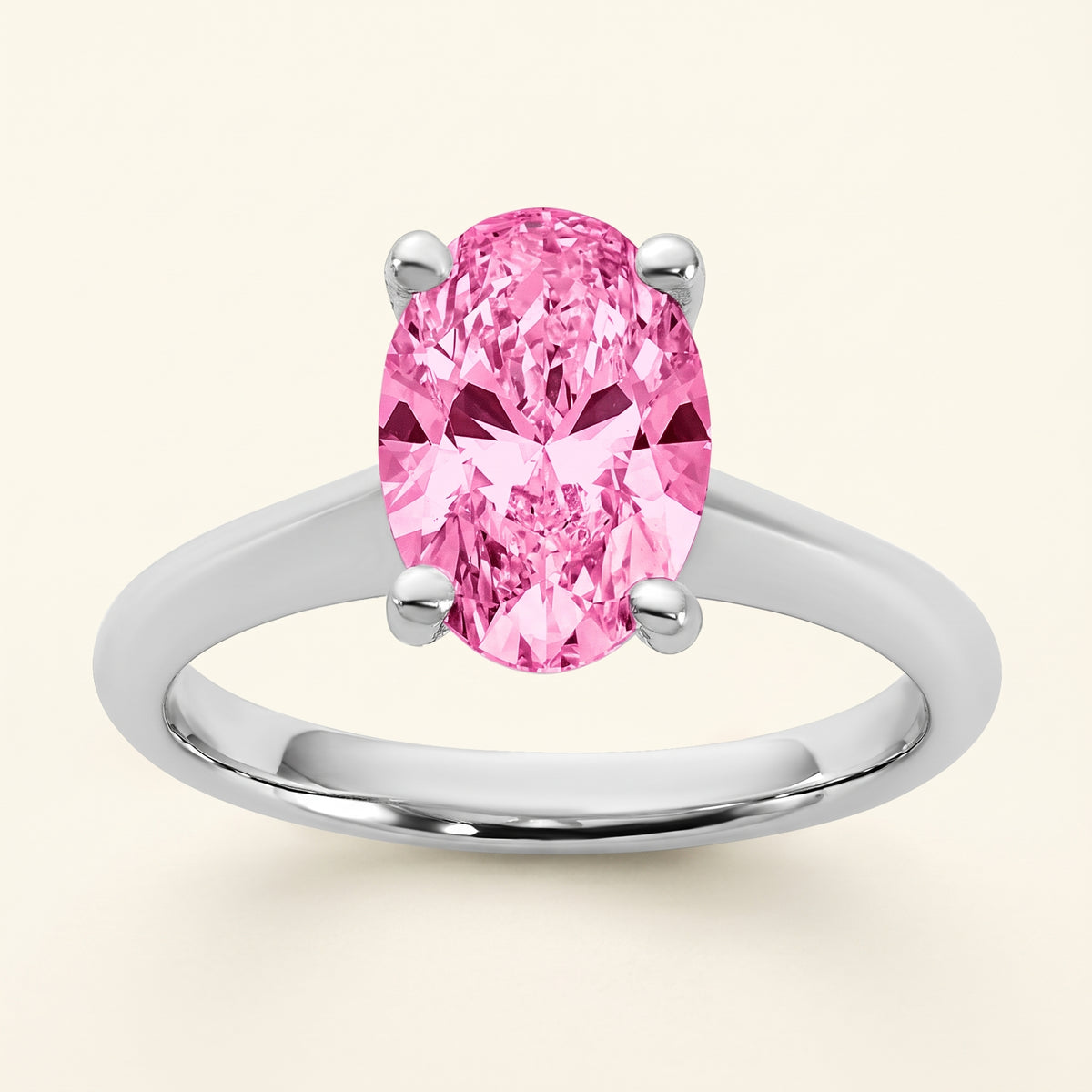 Pink Oval lab-grown diamond solitaire engagement ring, 925 Sterling Silver, face-on detail macro