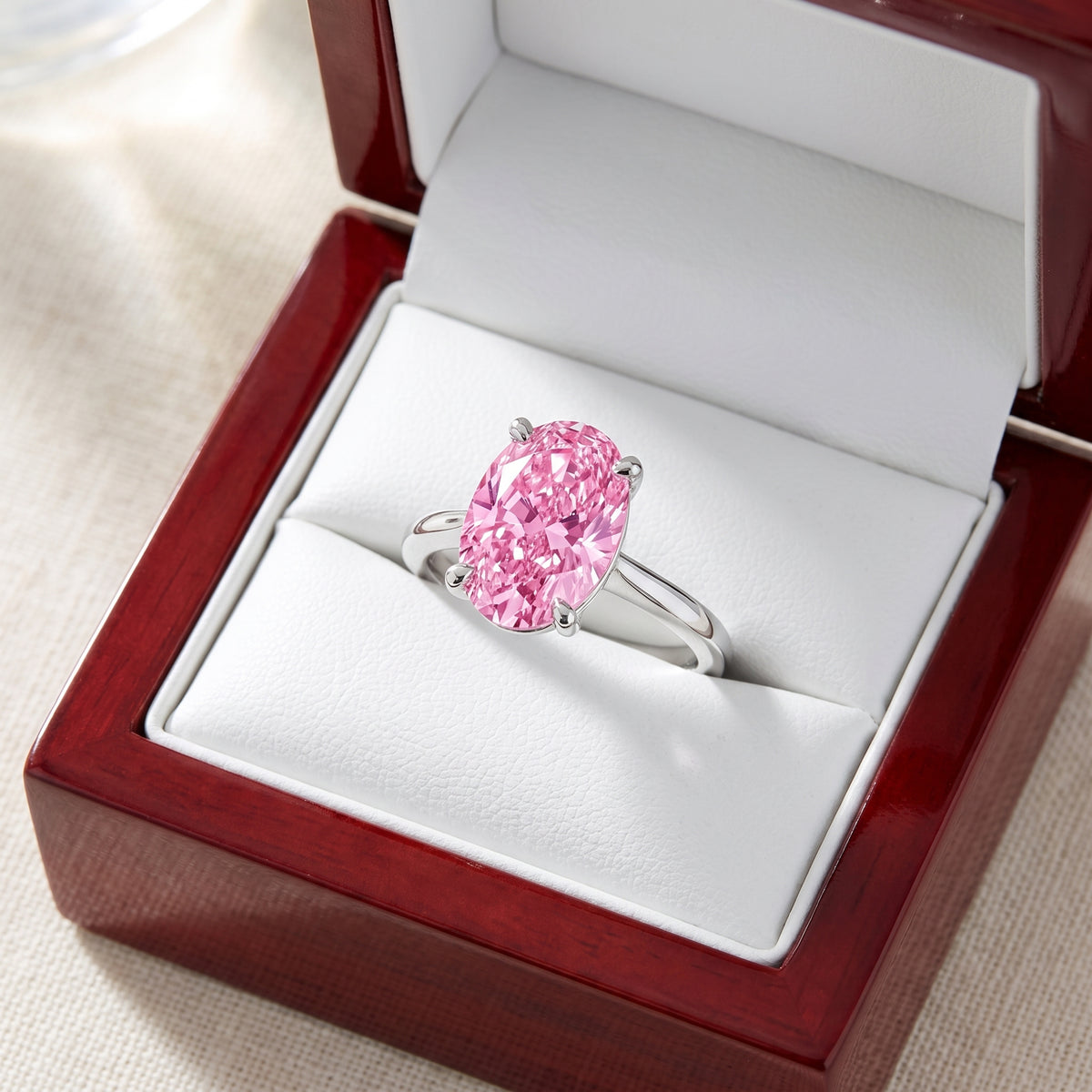 Pink Oval lab-grown diamond solitaire engagement ring, White Gold, in cherry-wood ring box