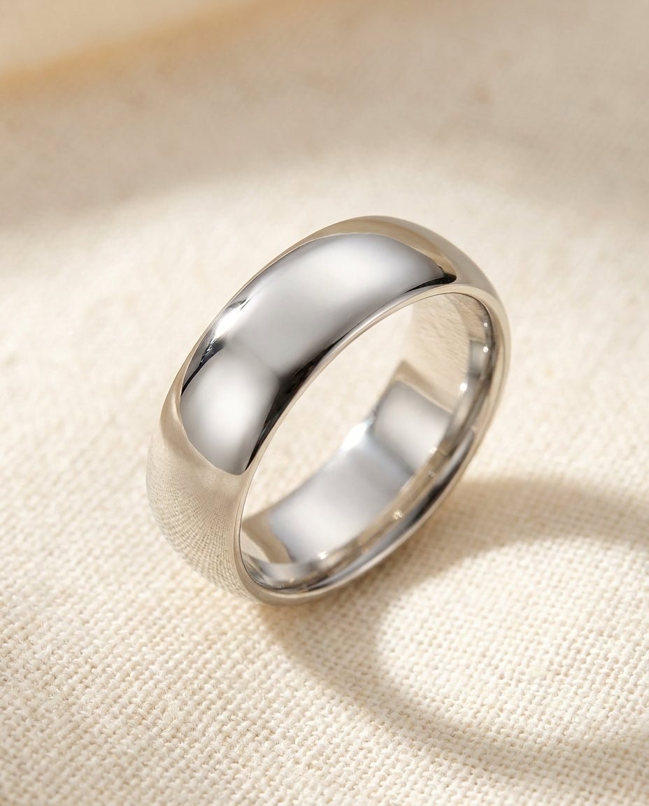 Platinum Comfort Fit Wedding Band macro detail overhead flat lay