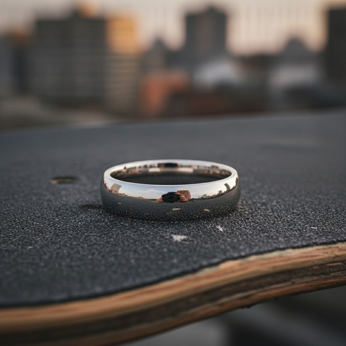 Aydins Platinum Comfort Fit Wedding Band lifestyle scene, skateboard griptape