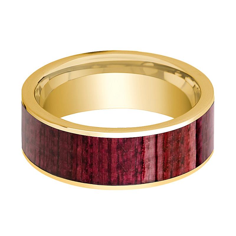 Purpleheart Wood inlay 14k yellow gold wedding band 8mm, angled view