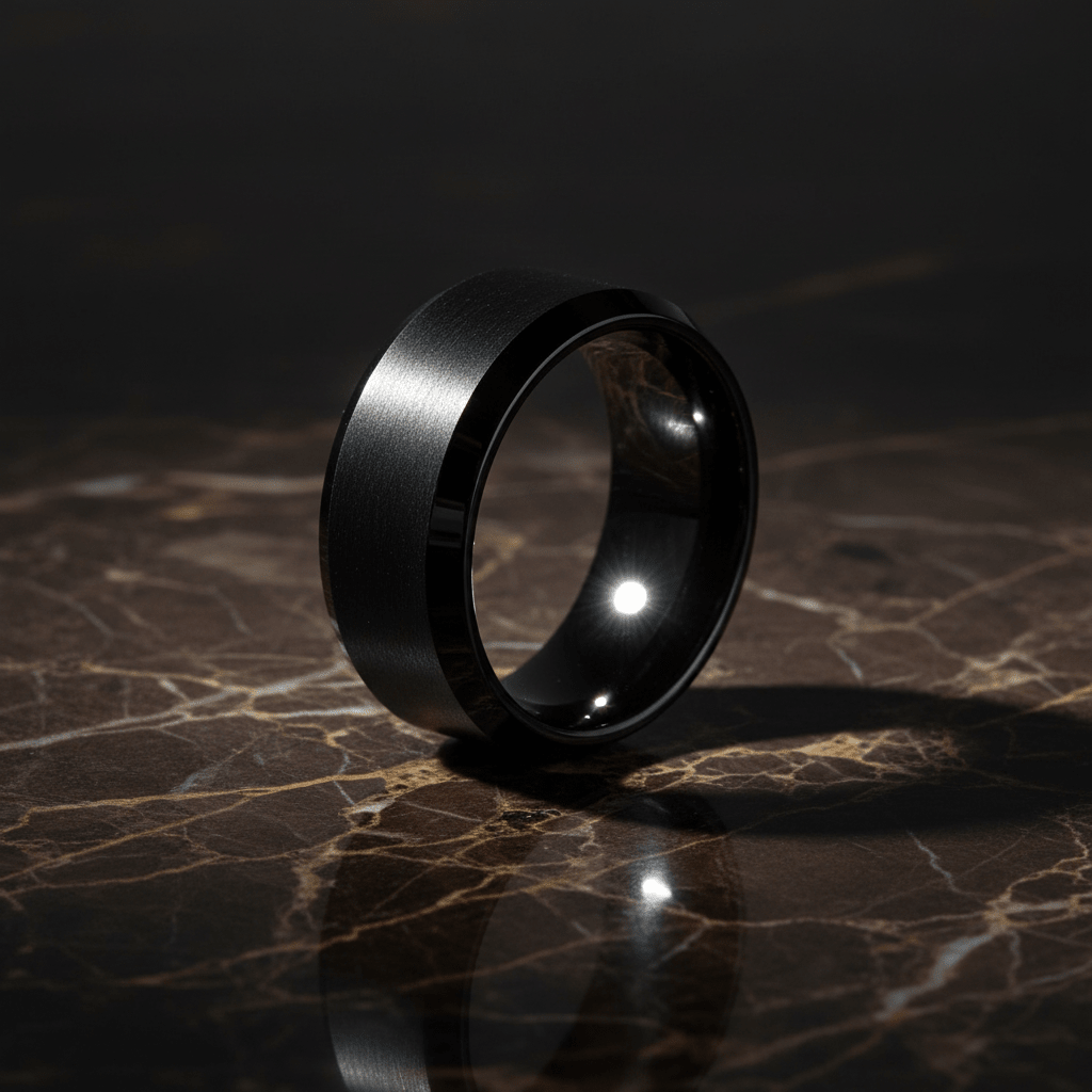 PORTENT — detail view — men's tungsten carbide wedding ring | Aydins Jewelry