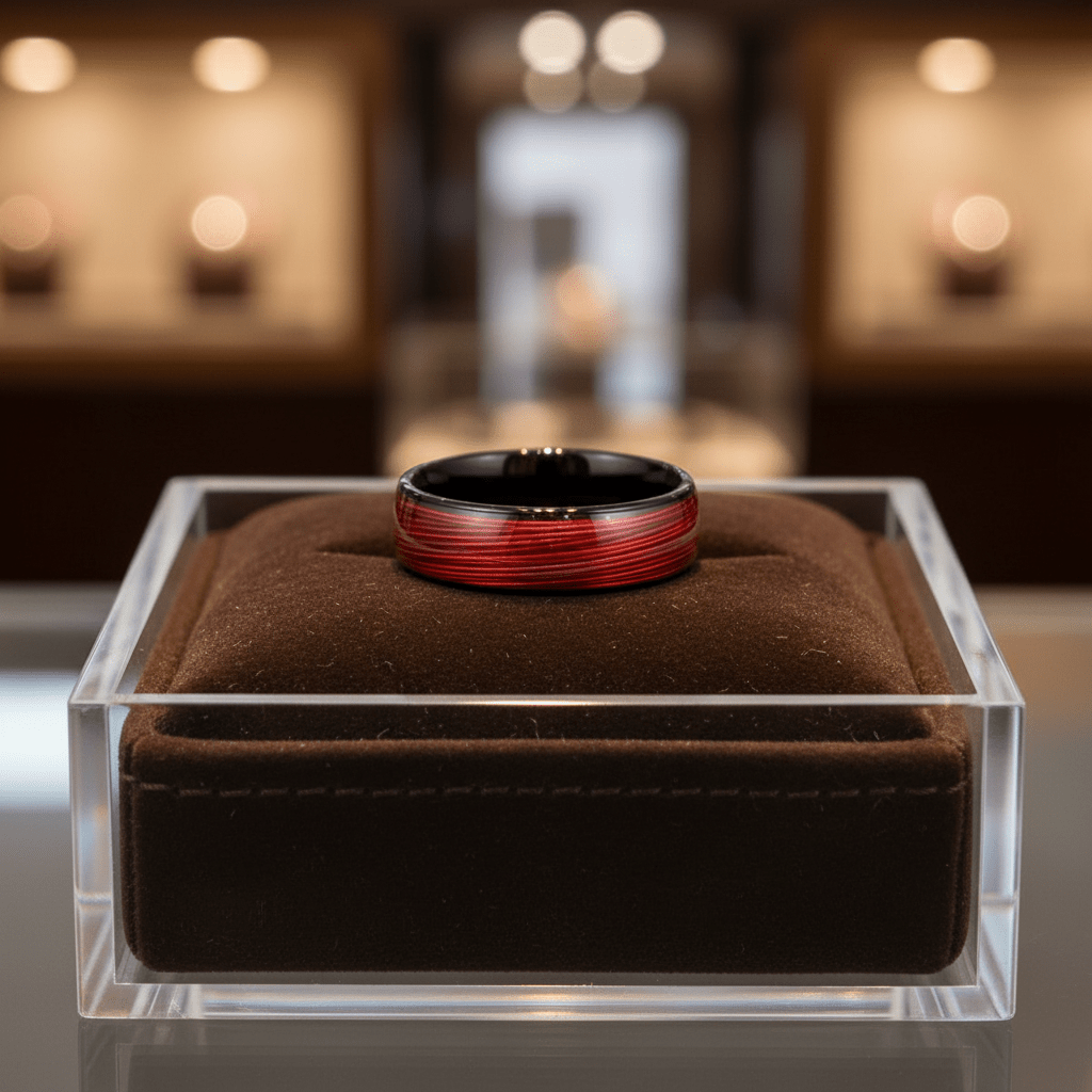 POTLATCH — Premium boutique display on velvet — men's tungsten wedding ring.