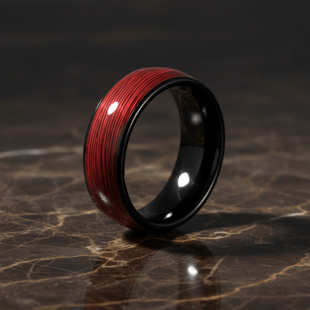 POTLATCH — Luxury 3/4 angle on dark marble — men's tungsten wedding ring.