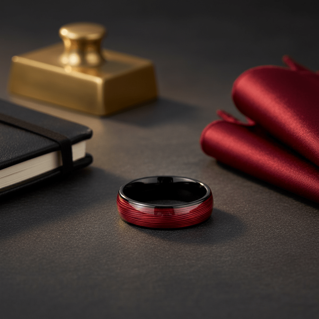 POTLATCH — Editorial masculine still life — men's tungsten wedding ring.
