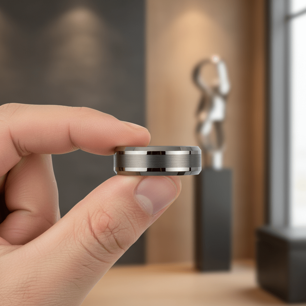 PRECISION — Held between fingers close-up — men's tungsten wedding ring.