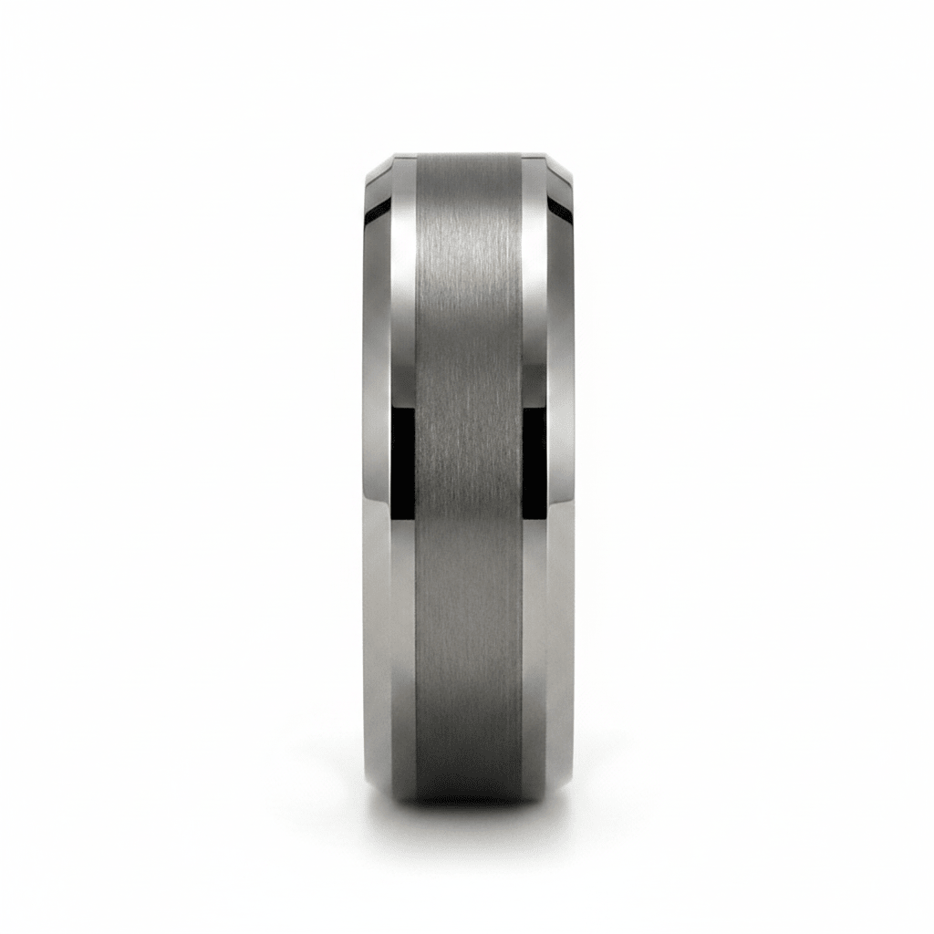 PRECISION — Front-facing straight-on view — men's tungsten wedding ring.
