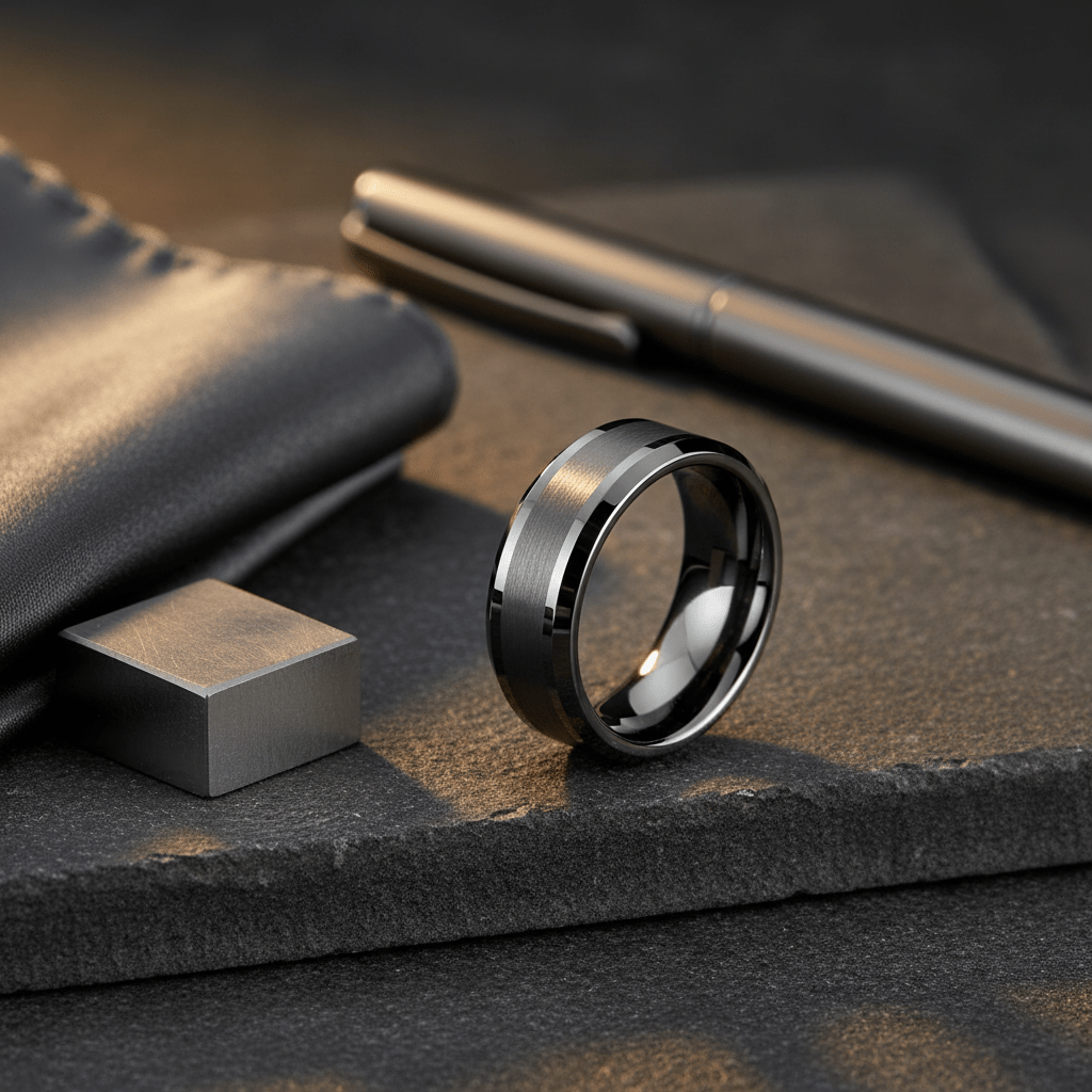 PRECISION — Editorial masculine still life — men's tungsten wedding ring.