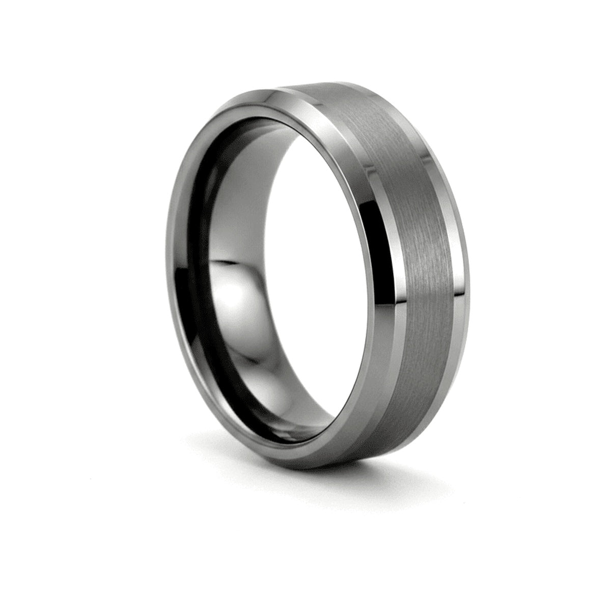 PRECISION gunmetal tungsten wedding ring with brushed center and polished beveled edges - front view