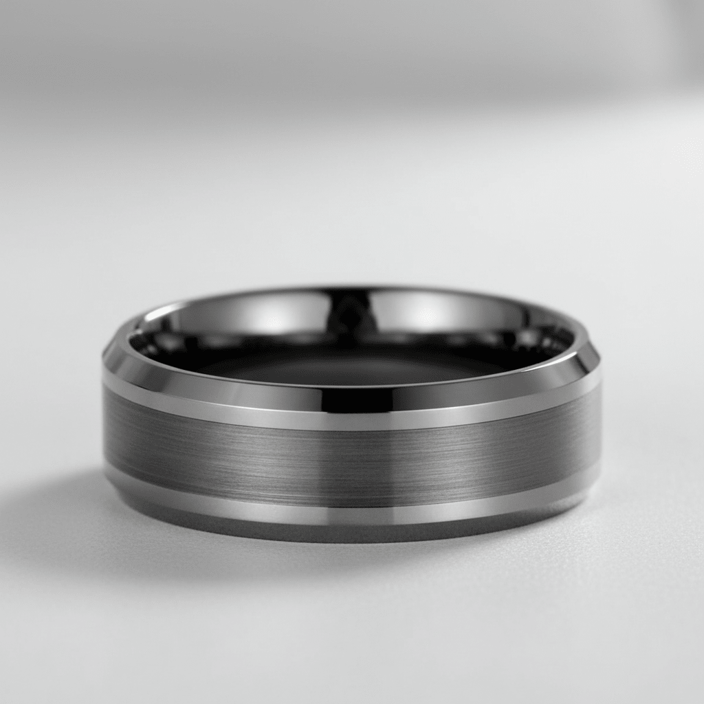 PRECISION — Center-through axial view — men's tungsten wedding ring.