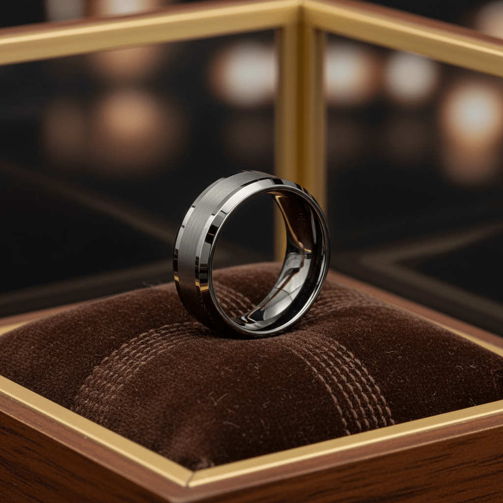PRECISION — Premium boutique display on velvet — men's tungsten wedding ring.
