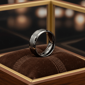 PRECISION — Premium boutique display on velvet — men's tungsten wedding ring.