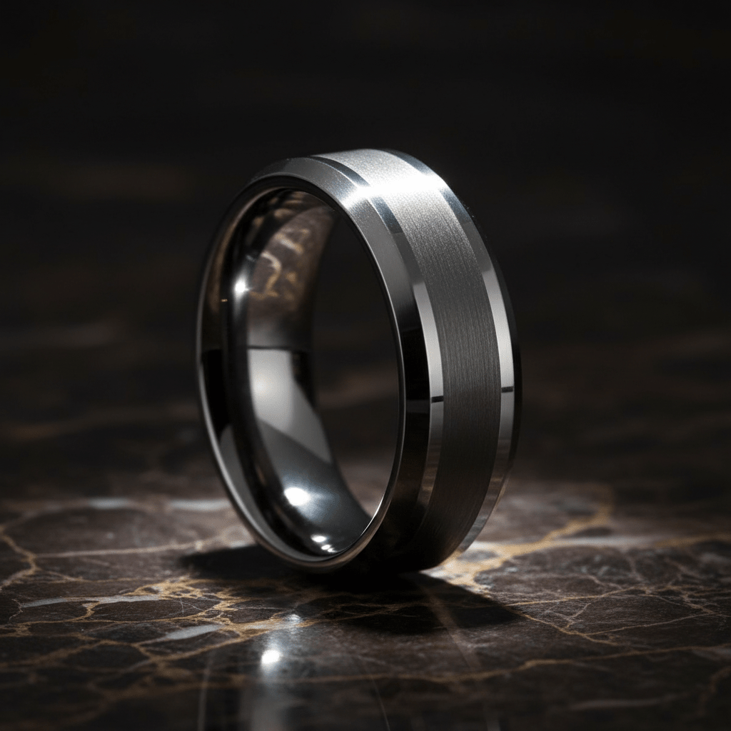 PRECISION — Luxury 3/4 angle on dark marble — men's tungsten wedding ring.