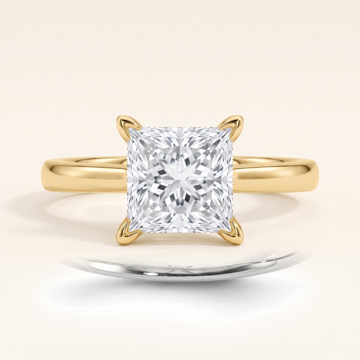 Princess lab-grown diamond solitaire engagement ring, Yellow Gold, face-on detail macro