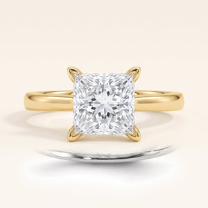 Princess lab-grown diamond solitaire engagement ring, Yellow Gold, face-on detail macro