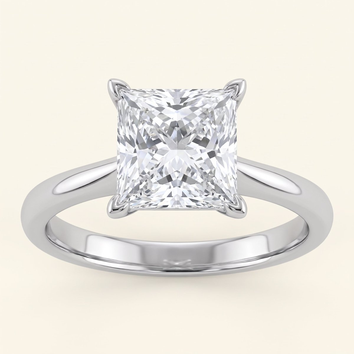 Princess lab-grown diamond solitaire engagement ring, White Gold, face-on detail macro