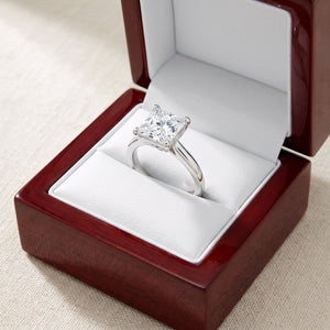 Princess lab-grown diamond solitaire engagement ring, White Gold, in cherry-wood ring box