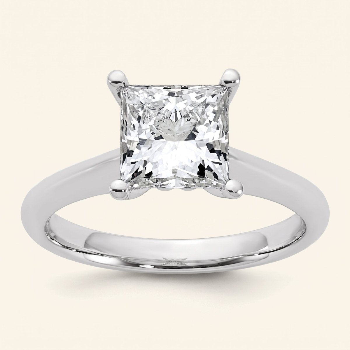 Princess lab-grown diamond solitaire engagement ring, 925 Sterling Silver, face-on detail macro