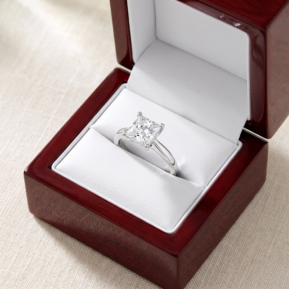 Princess lab-grown diamond solitaire engagement ring, 925 Sterling Silver, in cherry-wood ring box