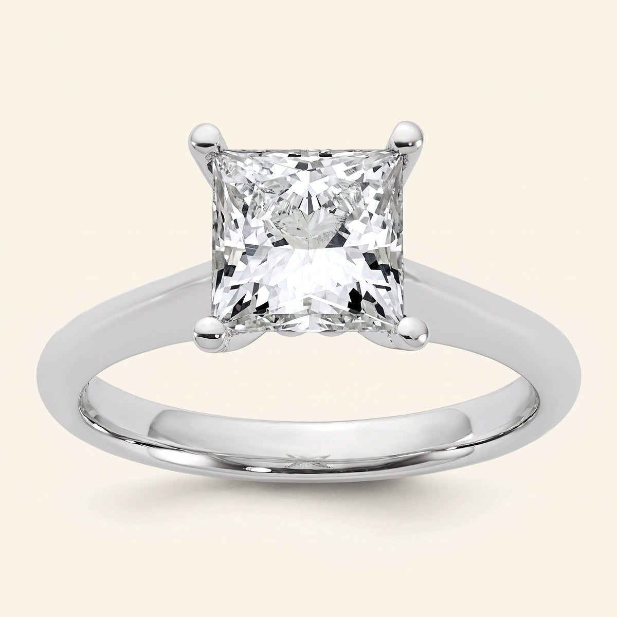 Princess lab-grown diamond solitaire engagement ring, 925 Sterling Silver, face-on detail macro