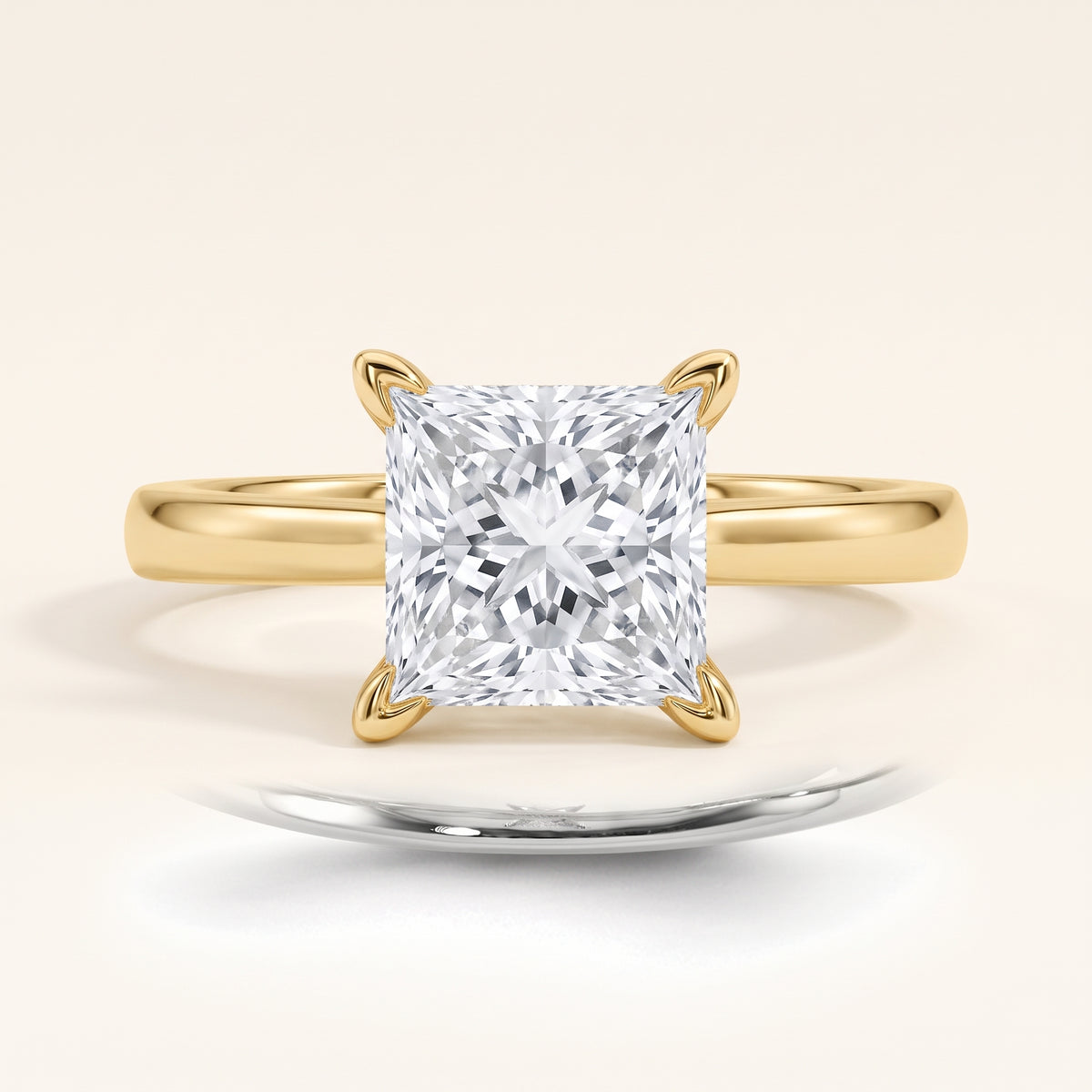 Princess lab-grown diamond solitaire engagement ring, Yellow Gold, face-on detail macro