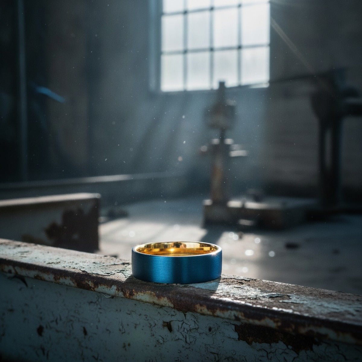 Aydins PRISTINE | Gold Ring, Blue Tungsten Ring, Brushed, Flat lifestyle scene, warehouse rust