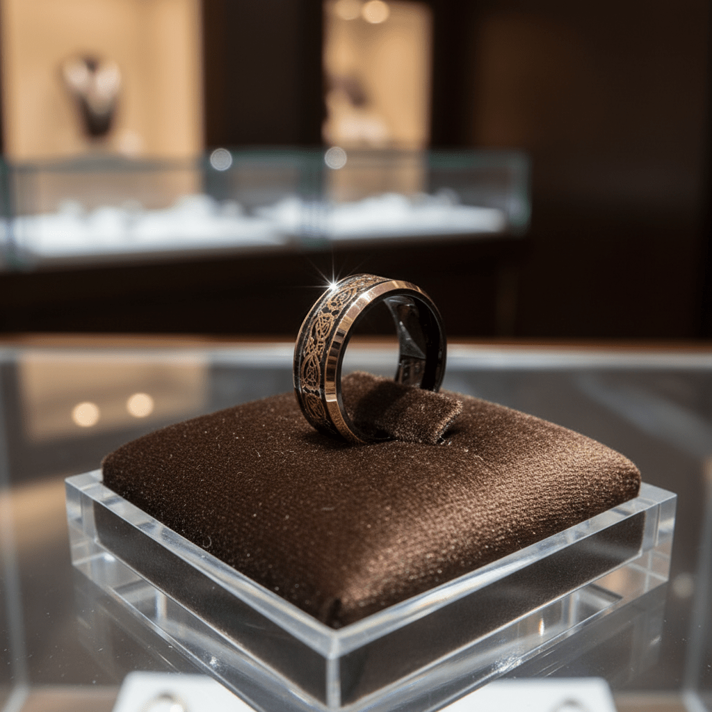 PROTO — Premium boutique display on velvet — men's tungsten wedding ring.
