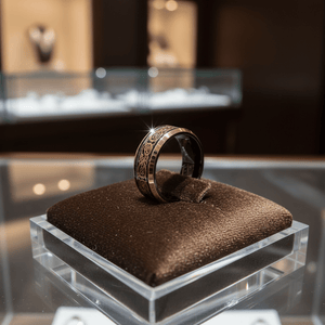 PROTO — Premium boutique display on velvet — men's tungsten wedding ring.