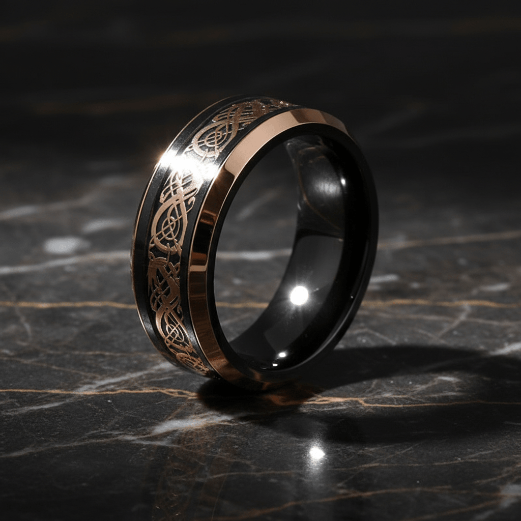 PROTO — Luxury 3/4 angle on dark marble — men's tungsten wedding ring.