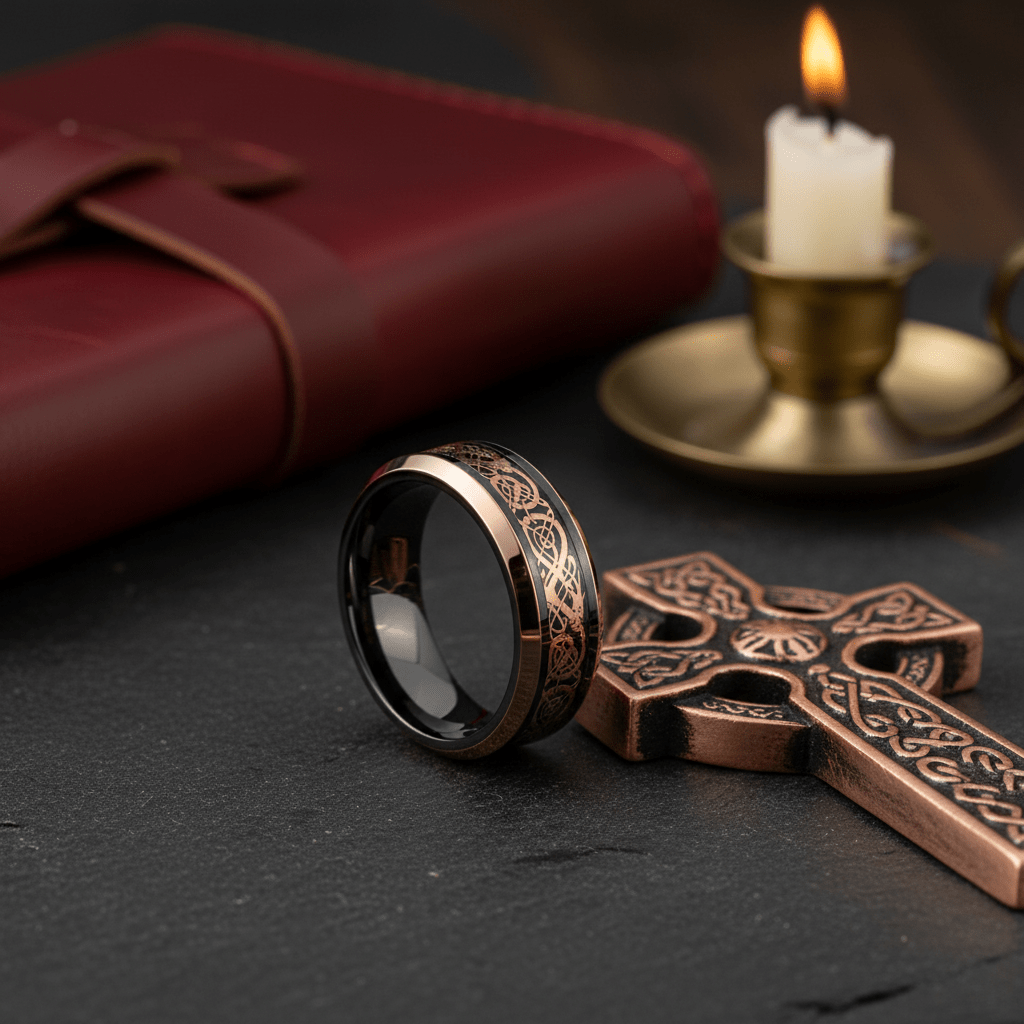 PROTO — Editorial masculine still life — men's tungsten wedding ring.