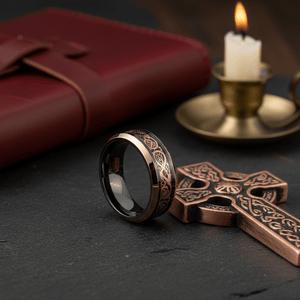 PROTO — Editorial masculine still life — men's tungsten wedding ring.