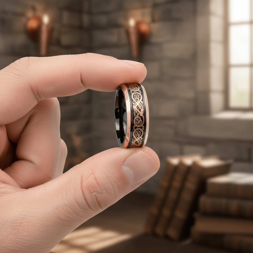 PROTO — Held between fingers close-up — men's tungsten wedding ring.