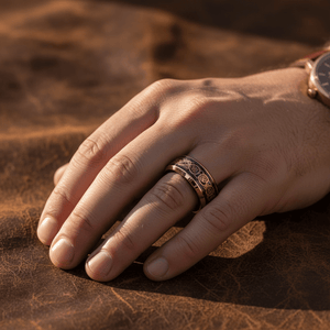 PROTO — Lifestyle photo on hand — men's tungsten wedding ring.