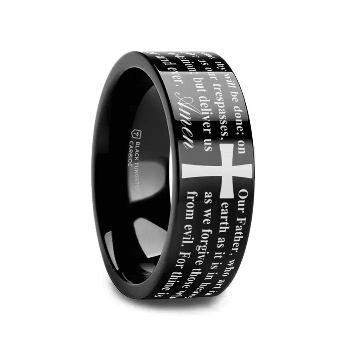 PSALM black tungsten ring with Lord's Prayer text laser-engraved around the band – Aydins Jewelry