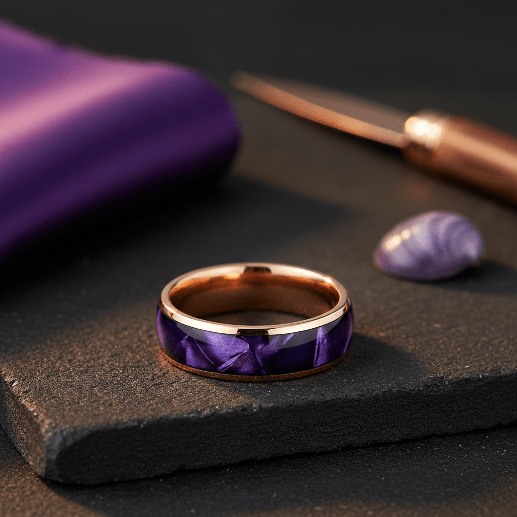 PURPLENA — Editorial masculine still life — men's tungsten wedding ring.