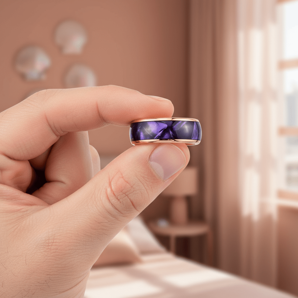 PURPLENA — Held between fingers close-up — men's tungsten wedding ring.
