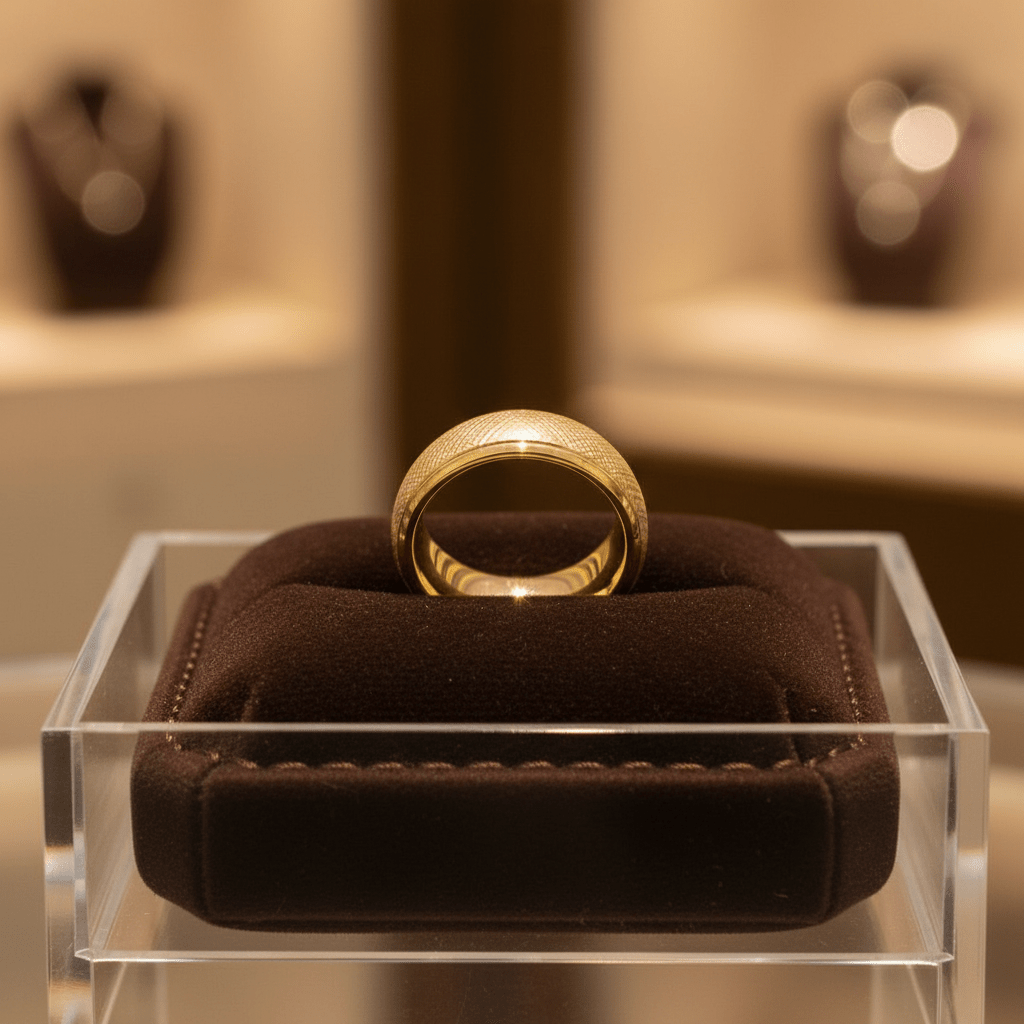 PYXIS — Premium boutique display on velvet — men's tungsten wedding ring.