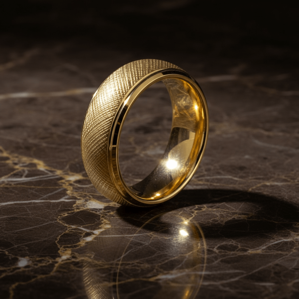 PYXIS — Luxury 3/4 angle on dark marble — men's tungsten wedding ring.