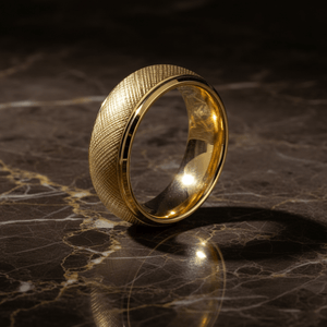 PYXIS — Luxury 3/4 angle on dark marble — men's tungsten wedding ring.